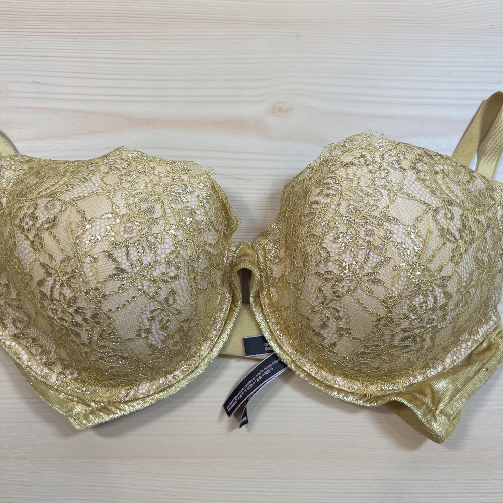 Victorias Secret Very Sexy Bra Womens 36DD Gold Lace Lined Plunge Underwire